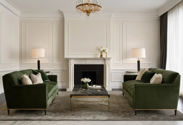 New classic living room with cream panel mouldings, symmetrical seating, warm brass accents and a patterned rug