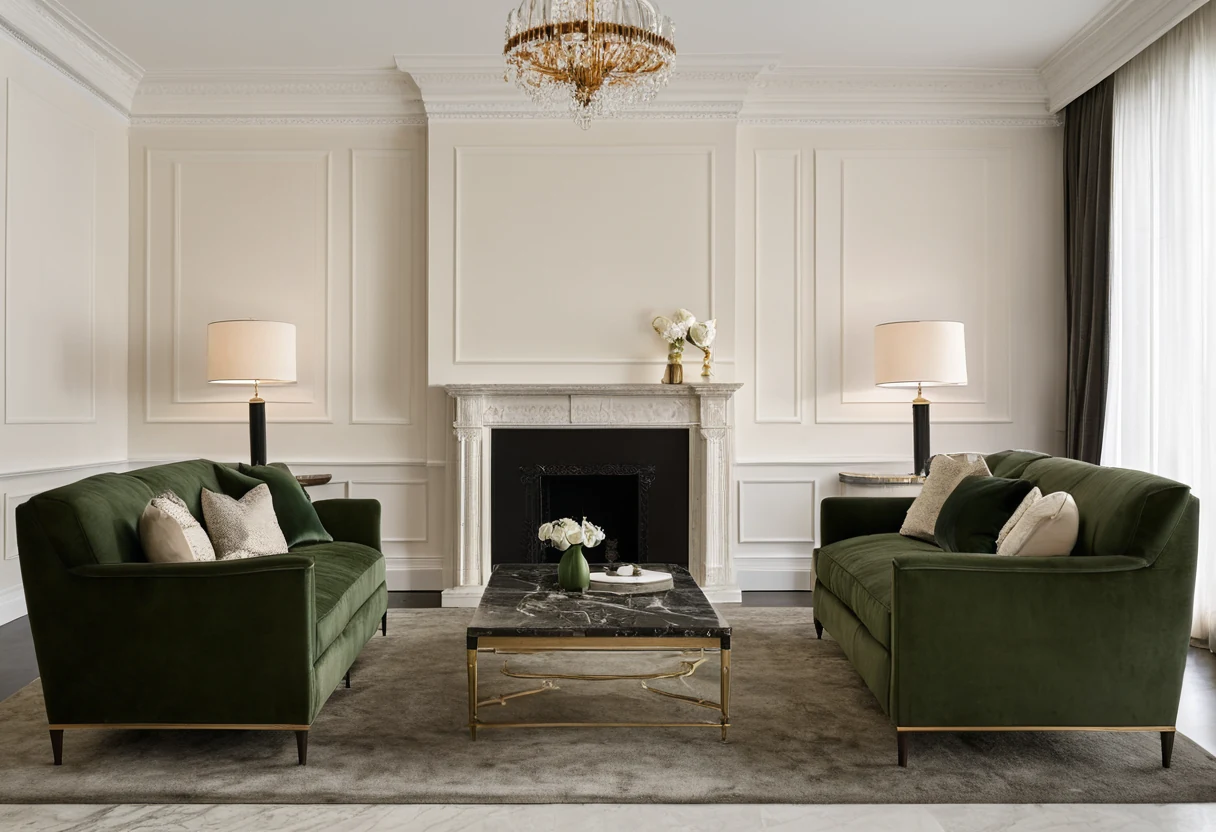New classic living room with cream panel mouldings, symmetrical seating, warm brass accents and a patterned rug