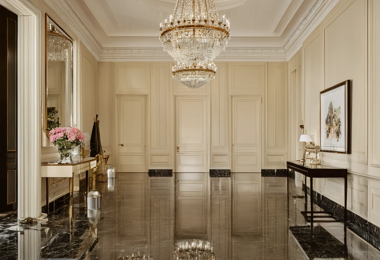 Axial entrance gallery with mirrored seating, aligned doorways and a centered chandelier in an ultra-prime residence