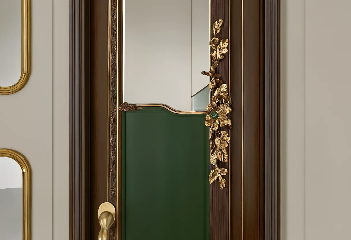 Hand-carved mirror frame with genuine gold leaf beside brushed brass door hardware in a new classic interior