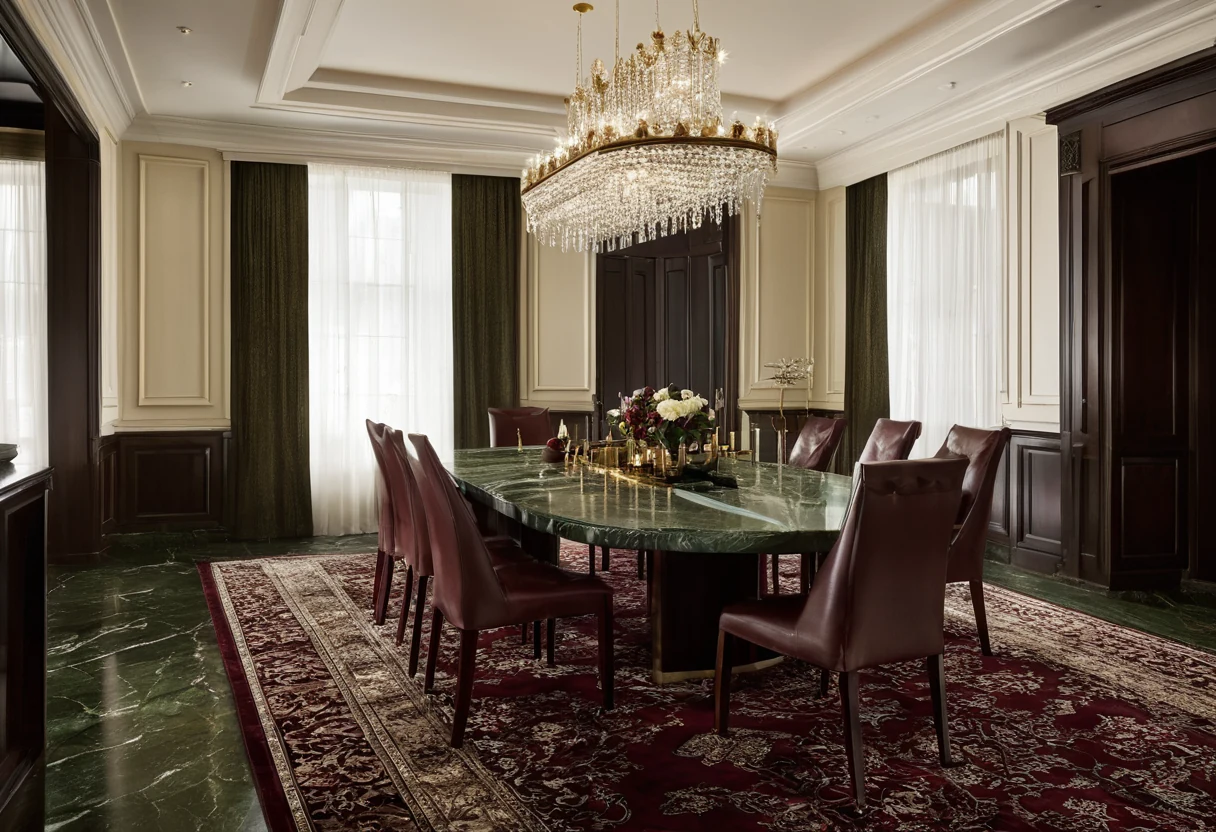 New classic dining room with bookmatched green marble wall, oxblood leather chairs and a patterned classical rug