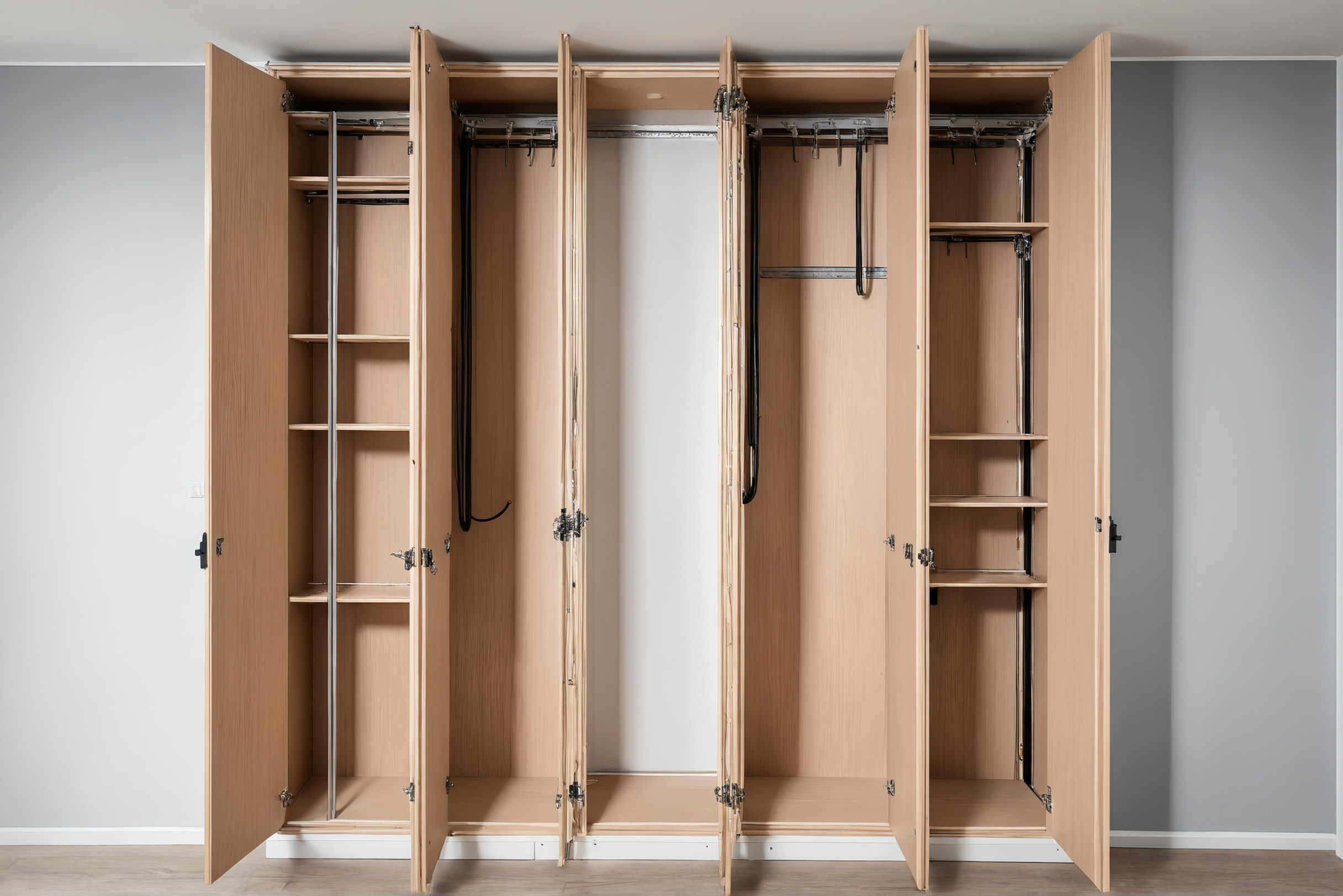 Open wardrobe carcasses during fit-out installation before doors and interiors are fitted