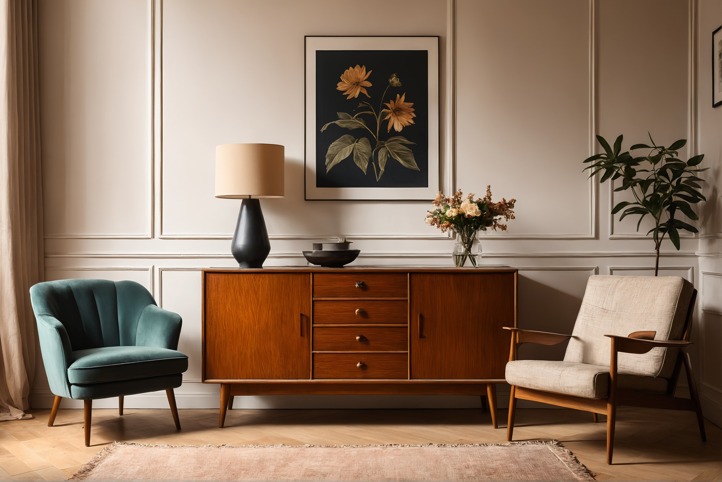 Freestanding sideboard and armchair with breathing space and artwork above