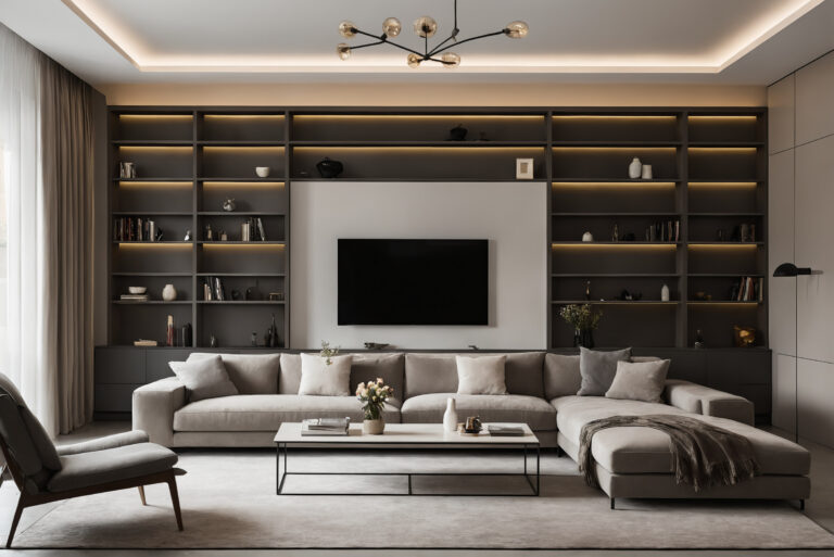 Living room with a full-height built-in shelving wall beside a freestanding sofa