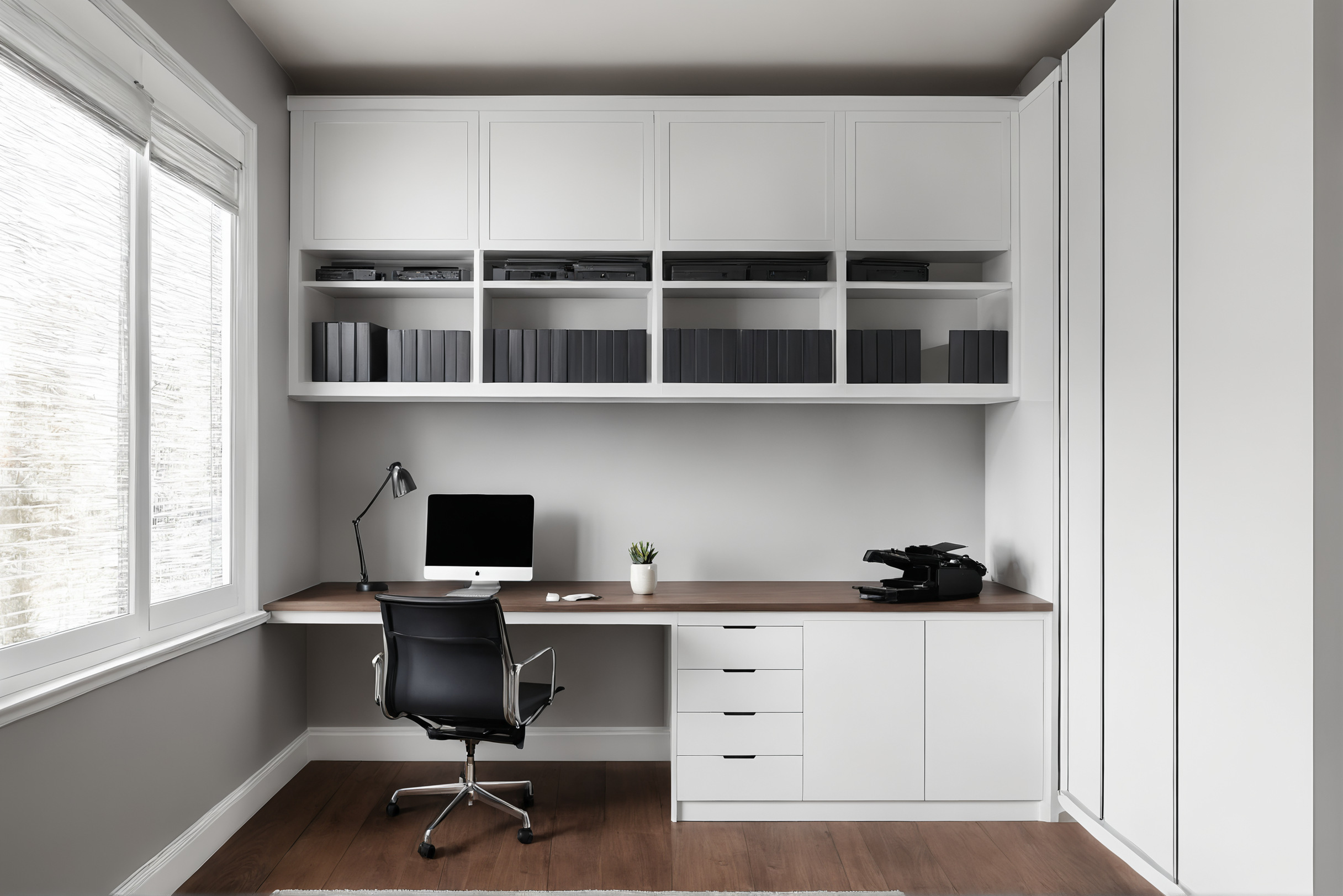 Built-in home office wall with desk, closed cupboards and ceiling-height shelving