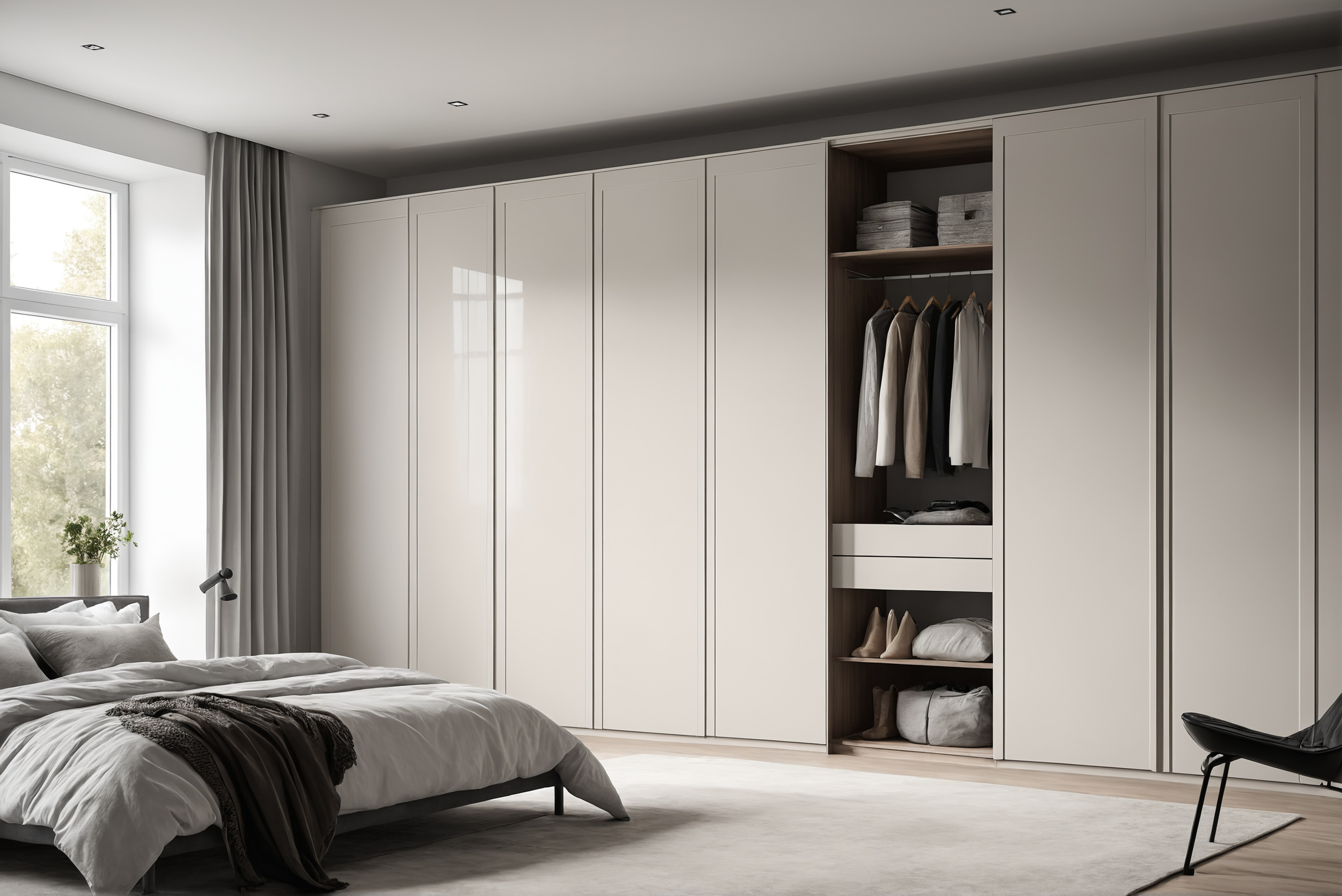 Fitted wardrobe run using full ceiling height with one open section